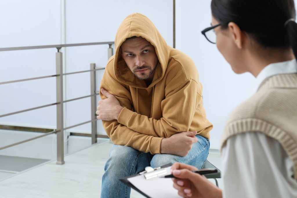 man speaking to his therapist at valor in atlanta asking her how many days to break an addiction